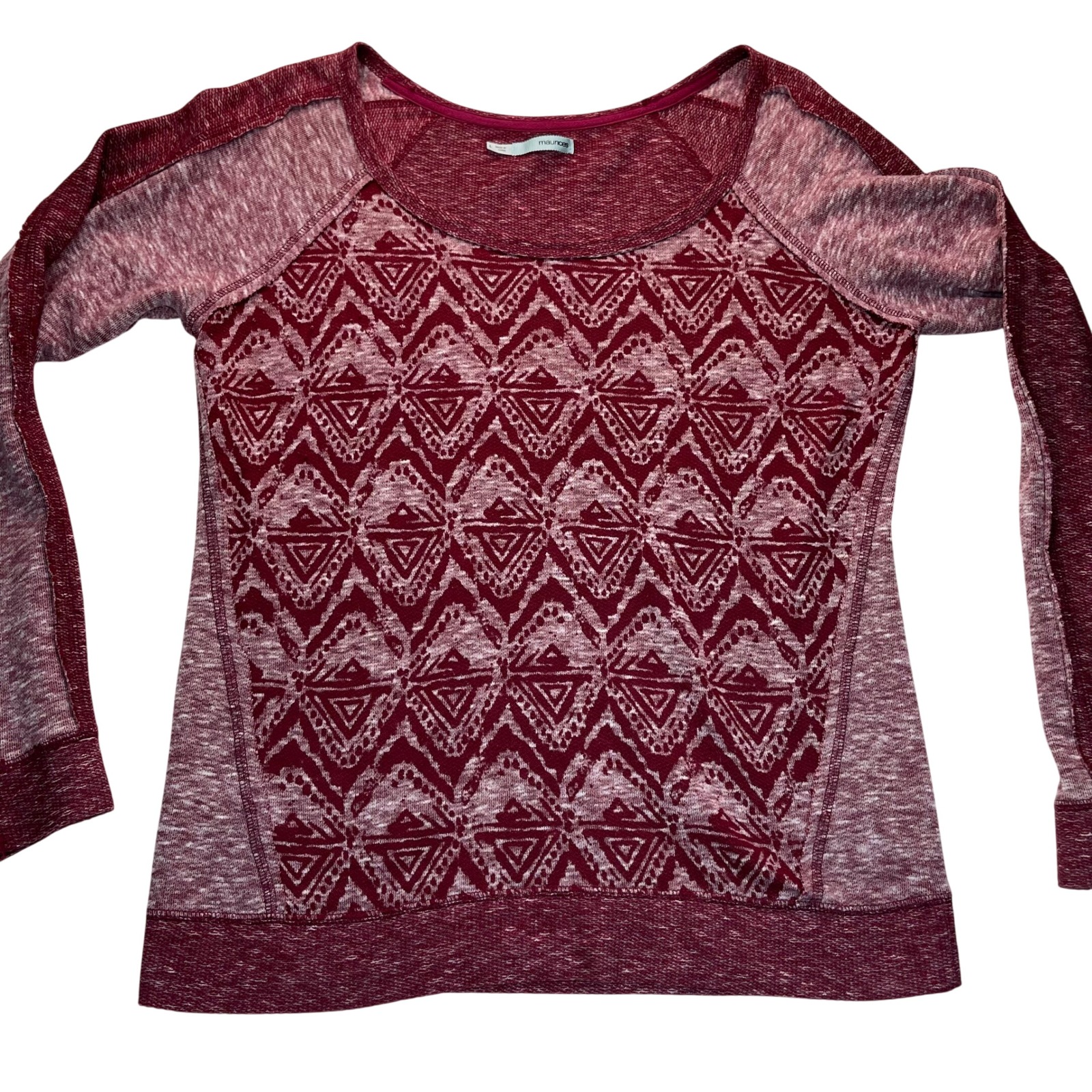 Maurices Geo Top Women L Burgundy Marled Raglan Long Sleeve Academia Aztec Boho